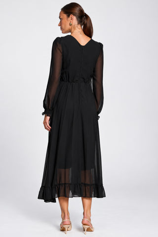 Long Sleeve Chiffon Pleated Maxi Dress, Black