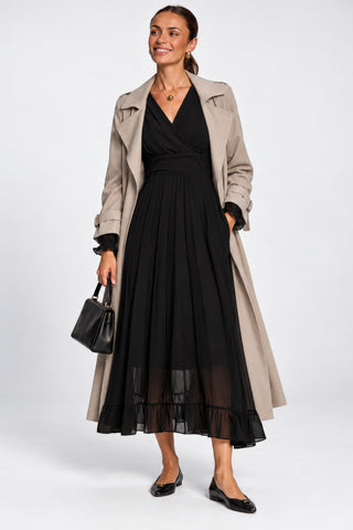 Long Sleeve Chiffon Pleated Maxi Dress, Black