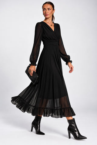 Long Sleeve Chiffon Pleated Maxi Dress, Black