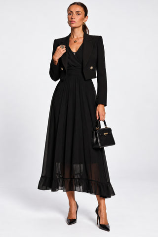 Long Sleeve Chiffon Pleated Maxi Dress, Black