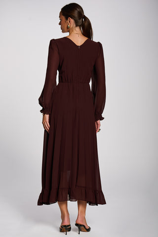 Long Sleeve Chiffon Pleated Maxi Dress, Dark Burgundy