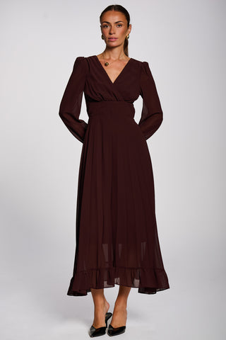 Long Sleeve Chiffon Pleated Maxi Dress, Dark Burgundy