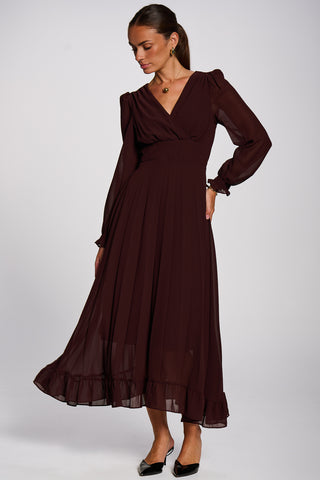 Long Sleeve Chiffon Pleated Maxi Dress, Dark Burgundy