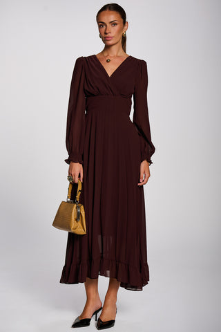 Long Sleeve Chiffon Pleated Maxi Dress, Dark Burgundy