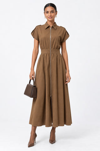 Zip Front Linen Blend Shirt Maxi Dress, Brown