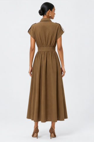 Zip Front Linen Blend Shirt Maxi Dress, Brown