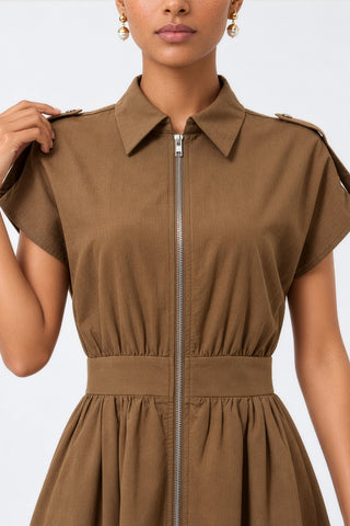 Zip Front Linen Blend Shirt Maxi Dress, Brown