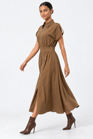 Zip Front Linen Blend Shirt Maxi Dress, Brown