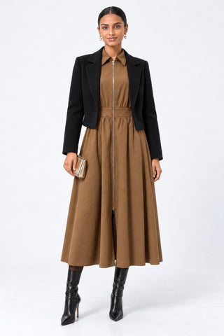 Zip Front Linen Blend Shirt Maxi Dress, Brown