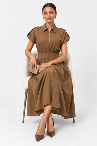 Zip Front Linen Blend Shirt Maxi Dress, Brown