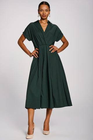 Wrap Bodice Cotton Blend Shirt Midi Dress, Dark Green