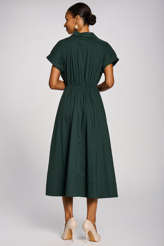 Wrap Bodice Cotton Blend Shirt Midi Dress, Dark Green