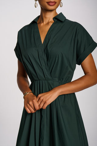 Wrap Bodice Cotton Blend Shirt Midi Dress, Dark Green