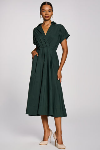 Wrap Bodice Cotton Blend Shirt Midi Dress, Dark Green