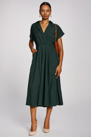 Wrap Bodice Cotton Blend Shirt Midi Dress, Dark Green