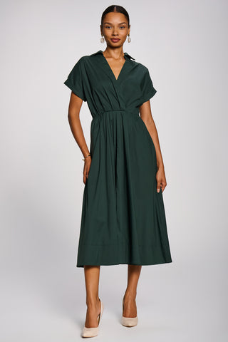 Wrap Bodice Cotton Blend Shirt Midi Dress, Dark Green
