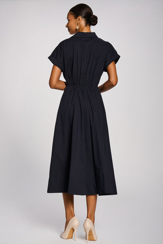 Wrap Bodice Cotton Blend Shirt Midi Dress, Navy