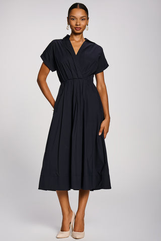Wrap Bodice Cotton Blend Shirt Midi Dress, Navy