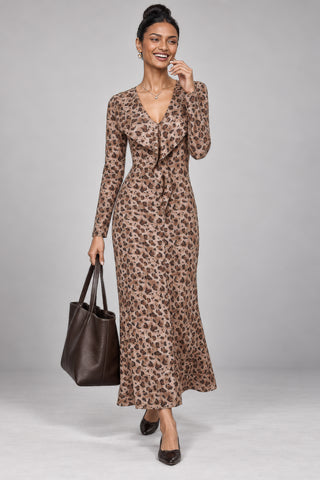 Animal Print Frill Front Ponte Maxi Dress, Brown Animal