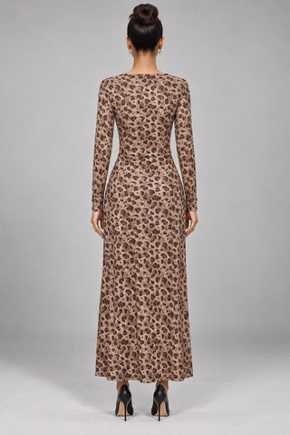 Animal Print Frill Front Ponte Maxi Dress, Brown Animal