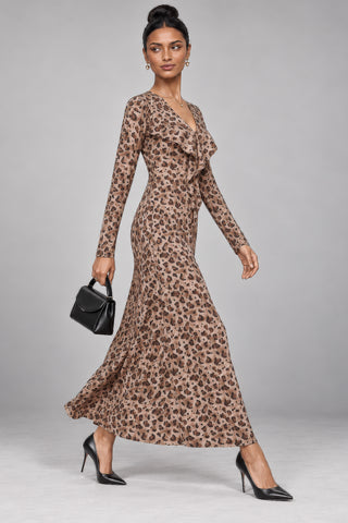 Animal Print Frill Front Ponte Maxi Dress, Brown Animal