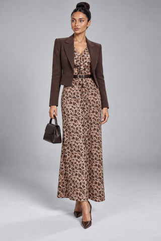 Animal Print Frill Front Ponte Maxi Dress, Brown Animal