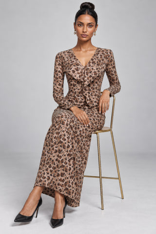 Animal Print Frill Front Ponte Maxi Dress, Brown Animal