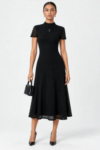 Textured Knitted Turtleneck Maxi Dress, Black