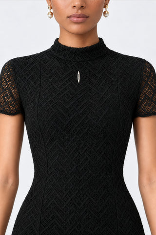Textured Knitted Turtleneck Maxi Dress, Black