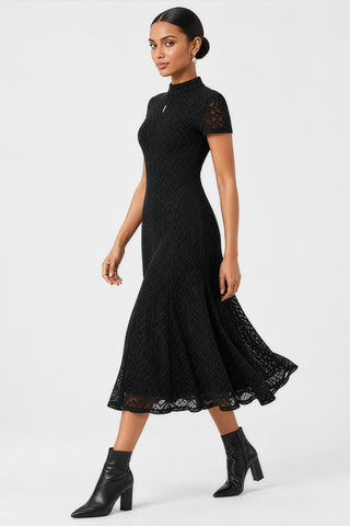 Textured Knitted Turtleneck Maxi Dress, Black