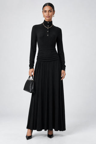 Button Up Mock Neck Ribbed Jersey Maxi Dress, Black