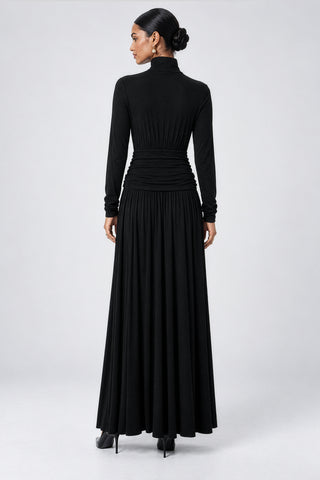 Button Up Mock Neck Ribbed Jersey Maxi Dress, Black