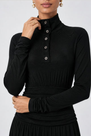 Button Up Mock Neck Ribbed Jersey Maxi Dress, Black