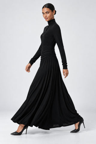 Button Up Mock Neck Ribbed Jersey Maxi Dress, Black