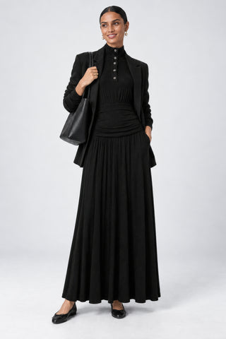 Button Up Mock Neck Ribbed Jersey Maxi Dress, Black