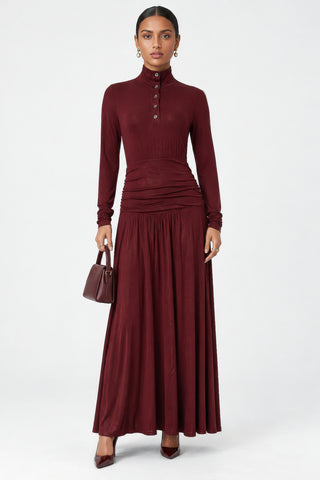 Button Up Mock Neck Ribbed Jersey Maxi Dress, Burgundy