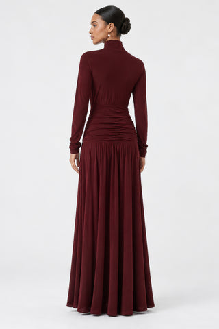Button Up Mock Neck Ribbed Jersey Maxi Dress, Burgundy