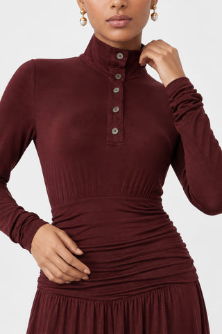 Button Up Mock Neck Ribbed Jersey Maxi Dress, Burgundy