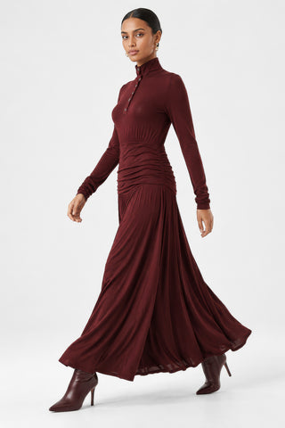 Button Up Mock Neck Ribbed Jersey Maxi Dress, Burgundy