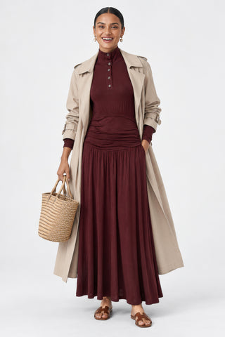 Button Up Mock Neck Ribbed Jersey Maxi Dress, Burgundy