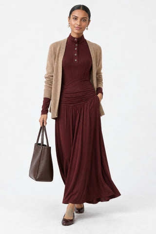 Button Up Mock Neck Ribbed Jersey Maxi Dress, Burgundy
