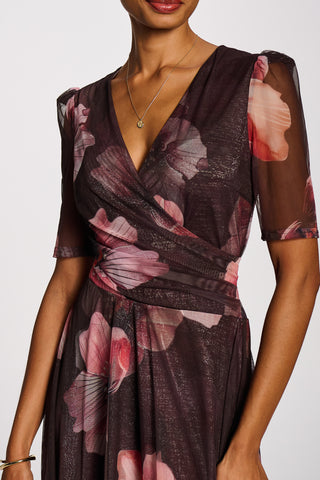 Double Layer Printed Mesh Maxi Dress, Brown Floral