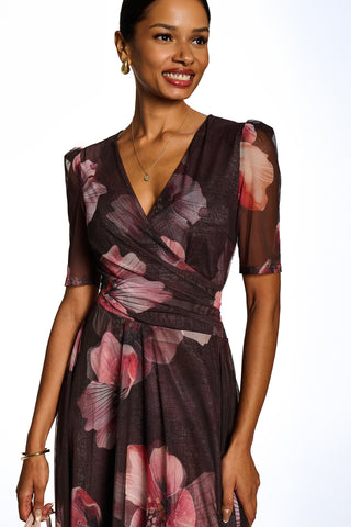Double Layer Printed Mesh Maxi Dress, Brown Floral