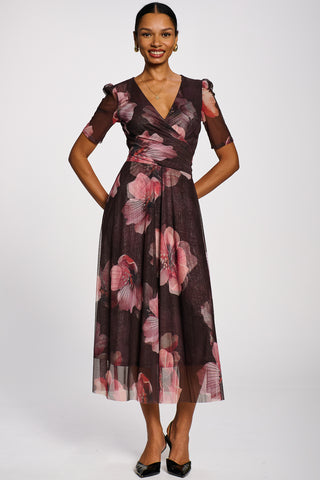Double Layer Printed Mesh Maxi Dress, Brown Floral