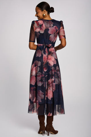 Double Layer Printed Mesh Maxi Dress, Navy Floral