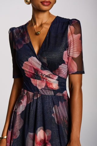 Double Layer Printed Mesh Maxi Dress, Navy Floral