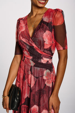 Double Layer Printed Mesh Maxi Dress, Red Floral