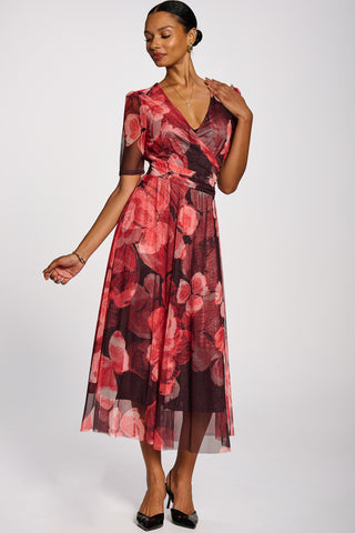 Double Layer Printed Mesh Maxi Dress, Red Floral