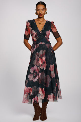 Double Layer Printed Mesh Maxi Dress, Teal Floral