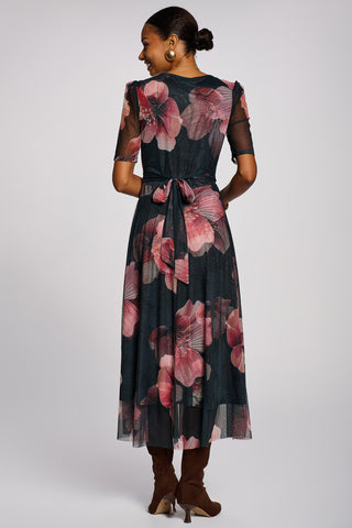 Double Layer Printed Mesh Maxi Dress, Teal Floral